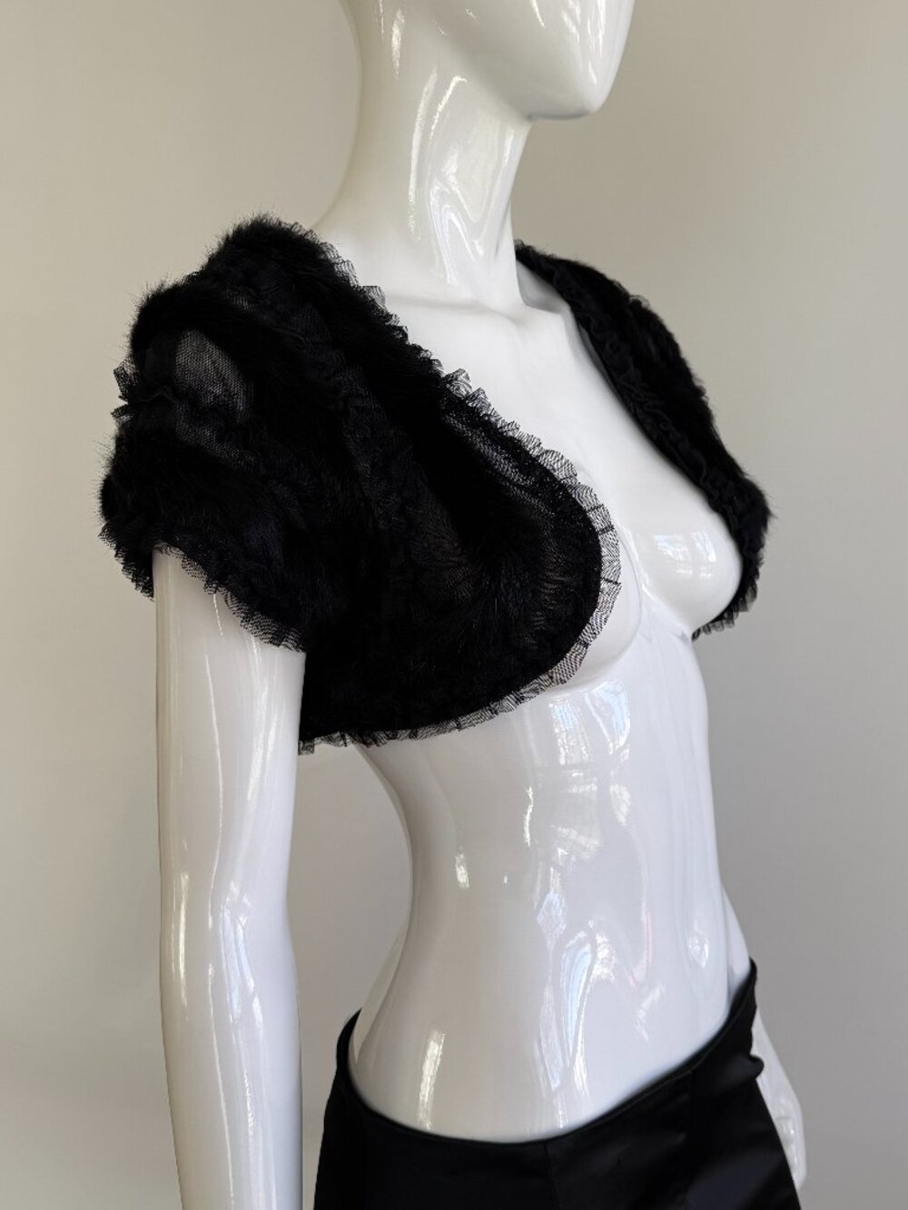 Real Rabbit Fur Trim Black Sheer Mesh Bolero Japanese Vintage